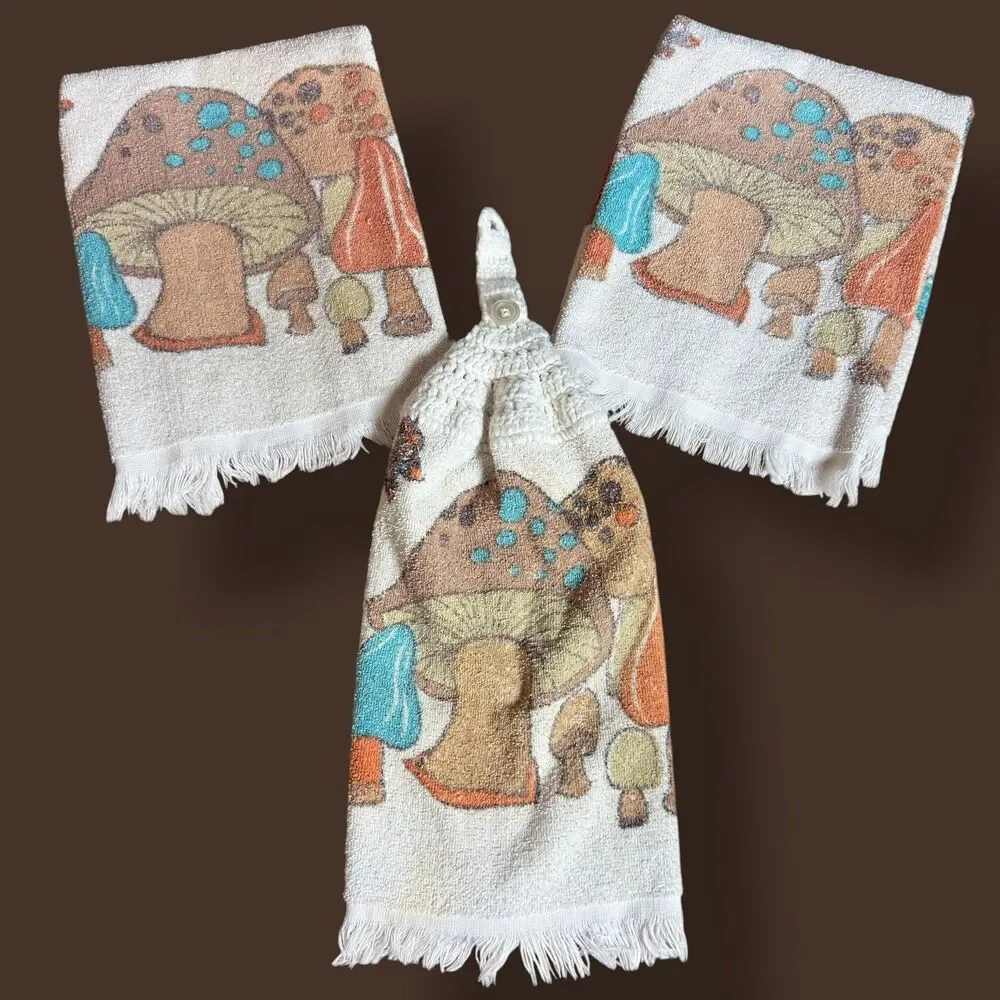 Vintage 1970's Cannon Merry Mushroom & Butterflies Hand Kitchen Towel Lot Of 3